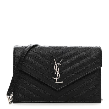 Saint Laurent Grain De Poudre Matelasse Chevron Monogram Envelope Chain Wallet Black 1 of 10