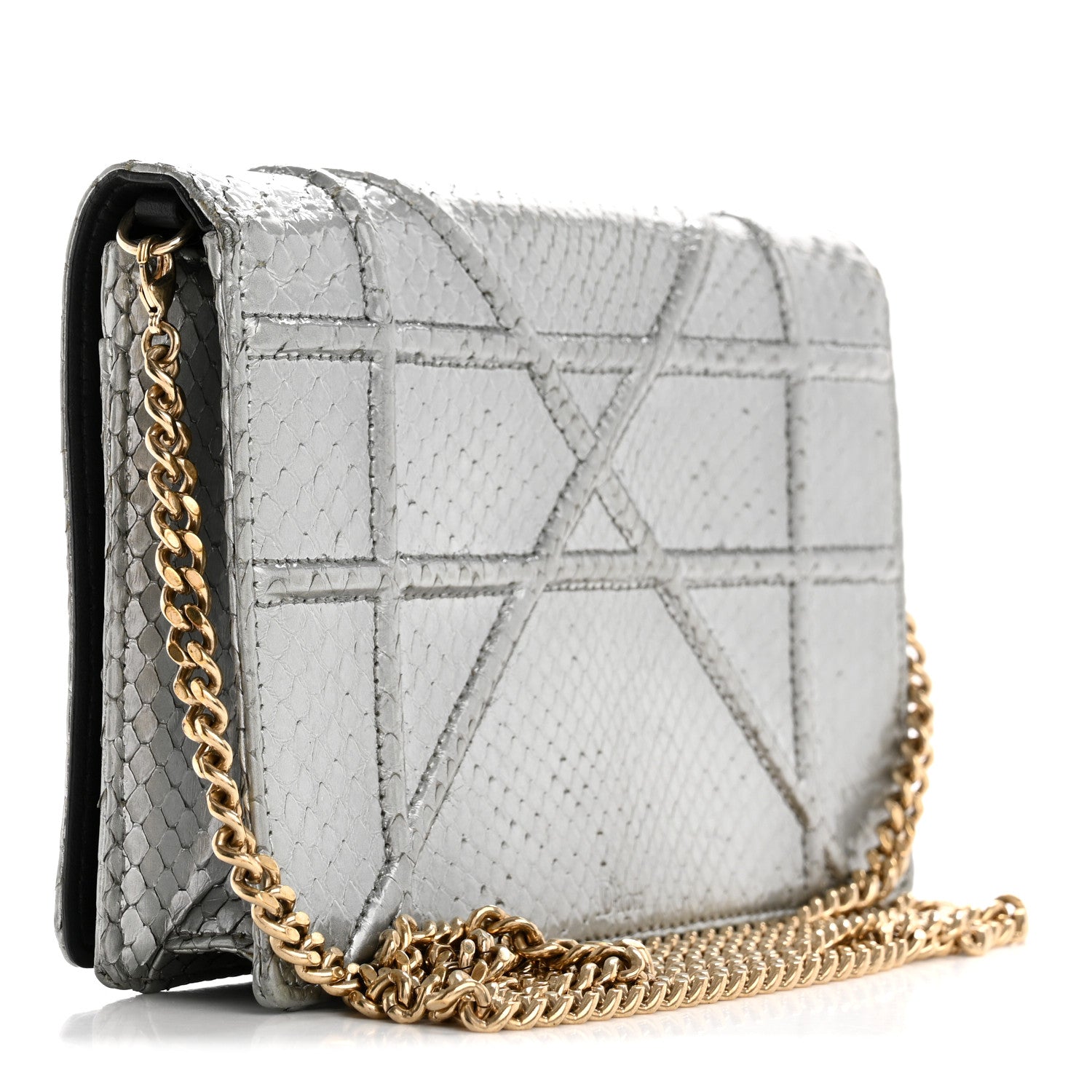 Christian Dior Snakeskin Diorama Wallet on Chain Pouch Silver 3 of 18