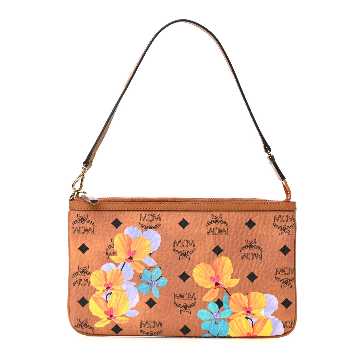 MCM Visetos Anya Essential Floral Print Shopper Tote Pouch Cognac 1 of 6