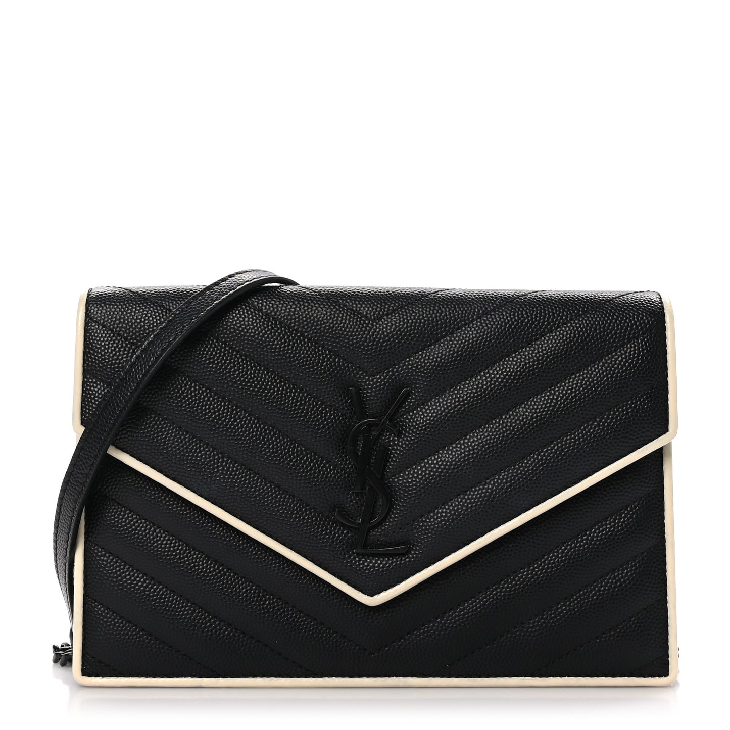 Grain De Poudre Matelasse Chevron Monogram Envelope Chain Wallet Black White
