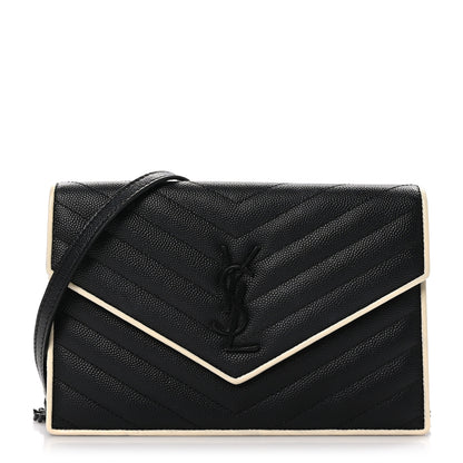 Saint Laurent Grain De Poudre Matelasse Chevron Monogram Envelope Chain Wallet Black White 1 of 10