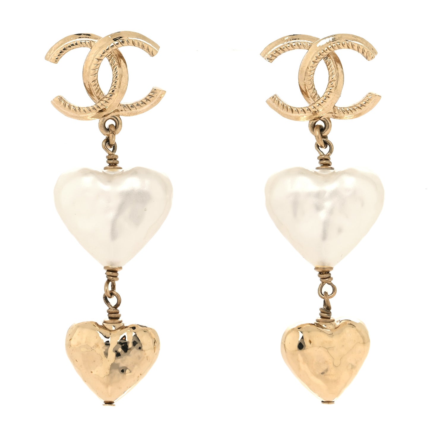 Metal Pearl CC Double Heart Drop Earrings Gold