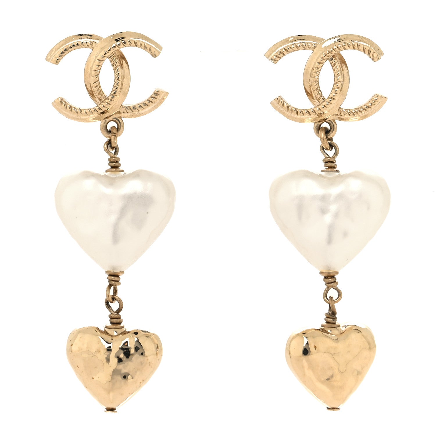 Chanel Metal Pearl CC Double Heart Drop Earrings Gold 1 of 4