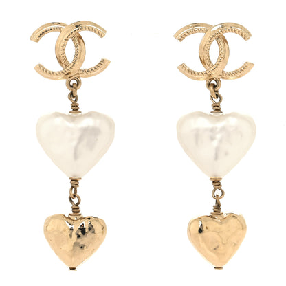 Chanel Metal Pearl CC Double Heart Drop Earrings Gold 1 of 4