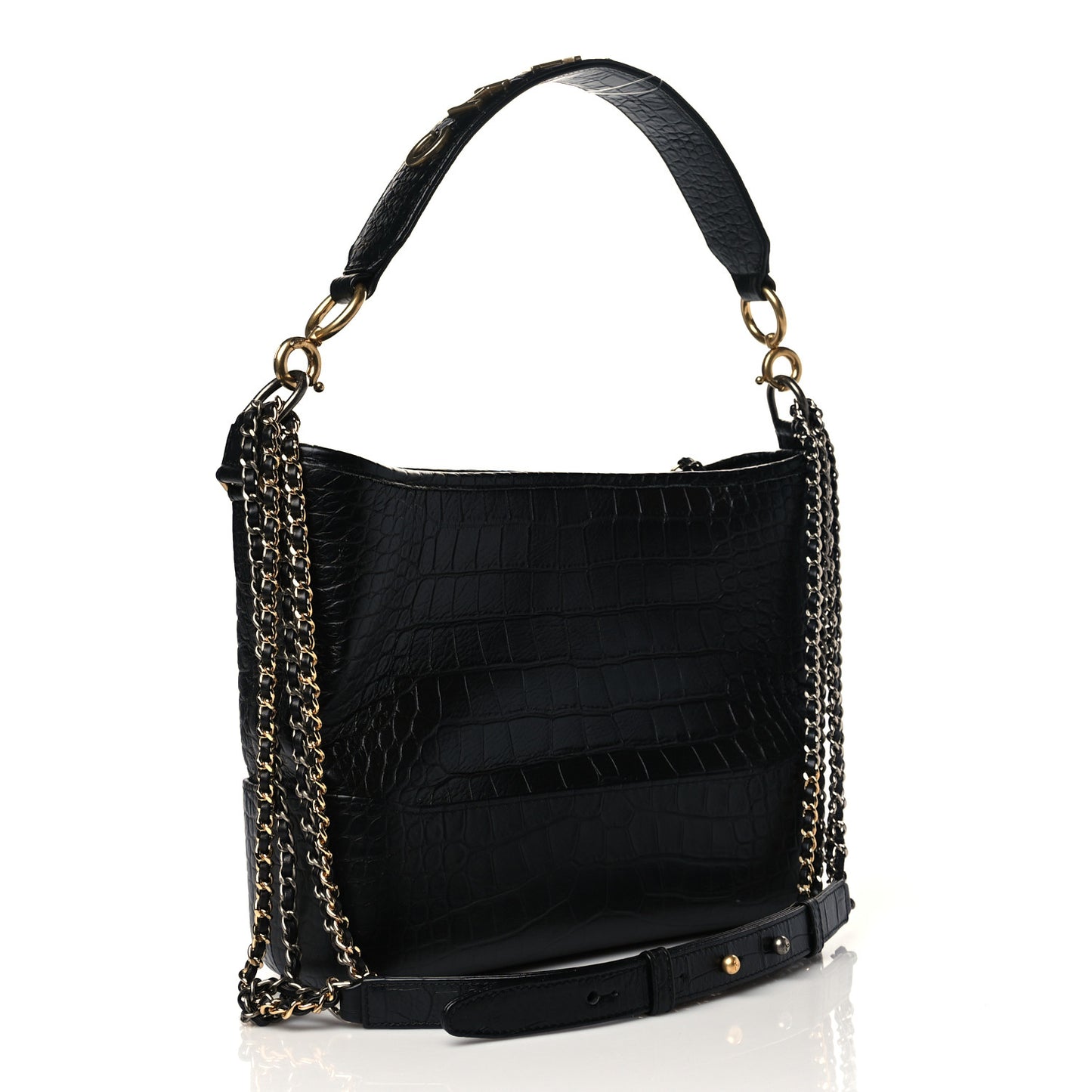 Crocodile Embossed Calfskin Medium Gabrielle Cocodile Hobo Black