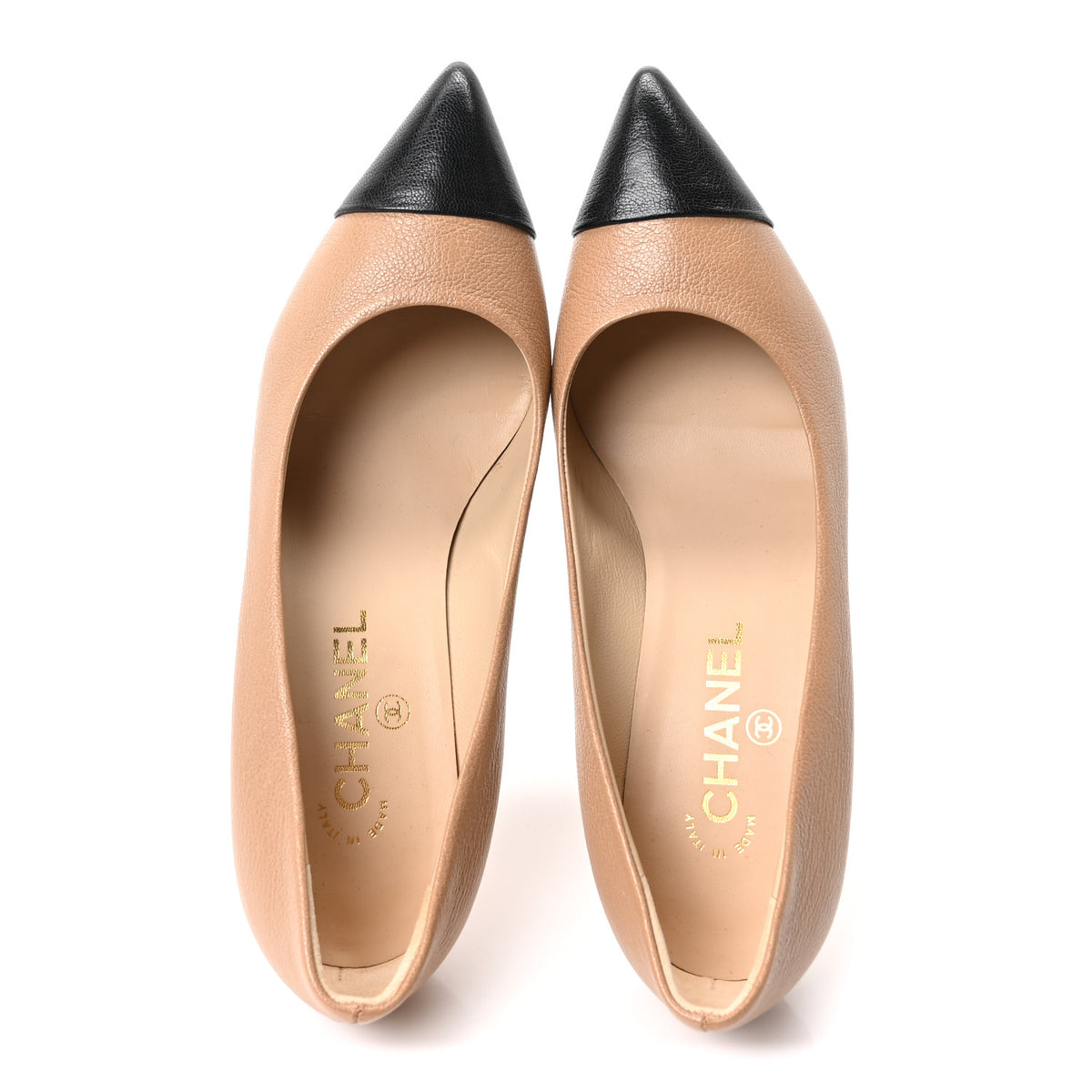 Chanel Grained Calfskin Cap Toe Pumps 38.5 Beige Black 2 of 9