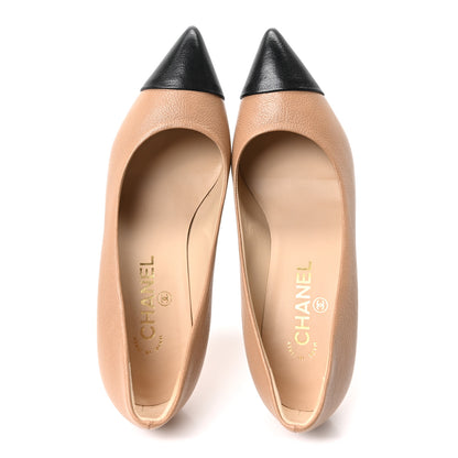 Chanel Grained Calfskin Cap Toe Pumps 38.5 Beige Black 2 of 9