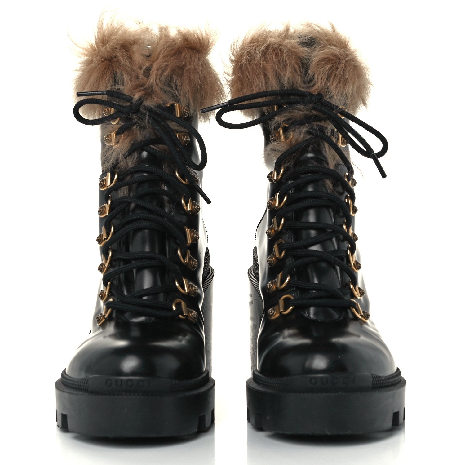 Gucci Magnum Calfskin Fur Pearl Lace Up Combat Ankle Boots 37 Black Naturale 2 of 9