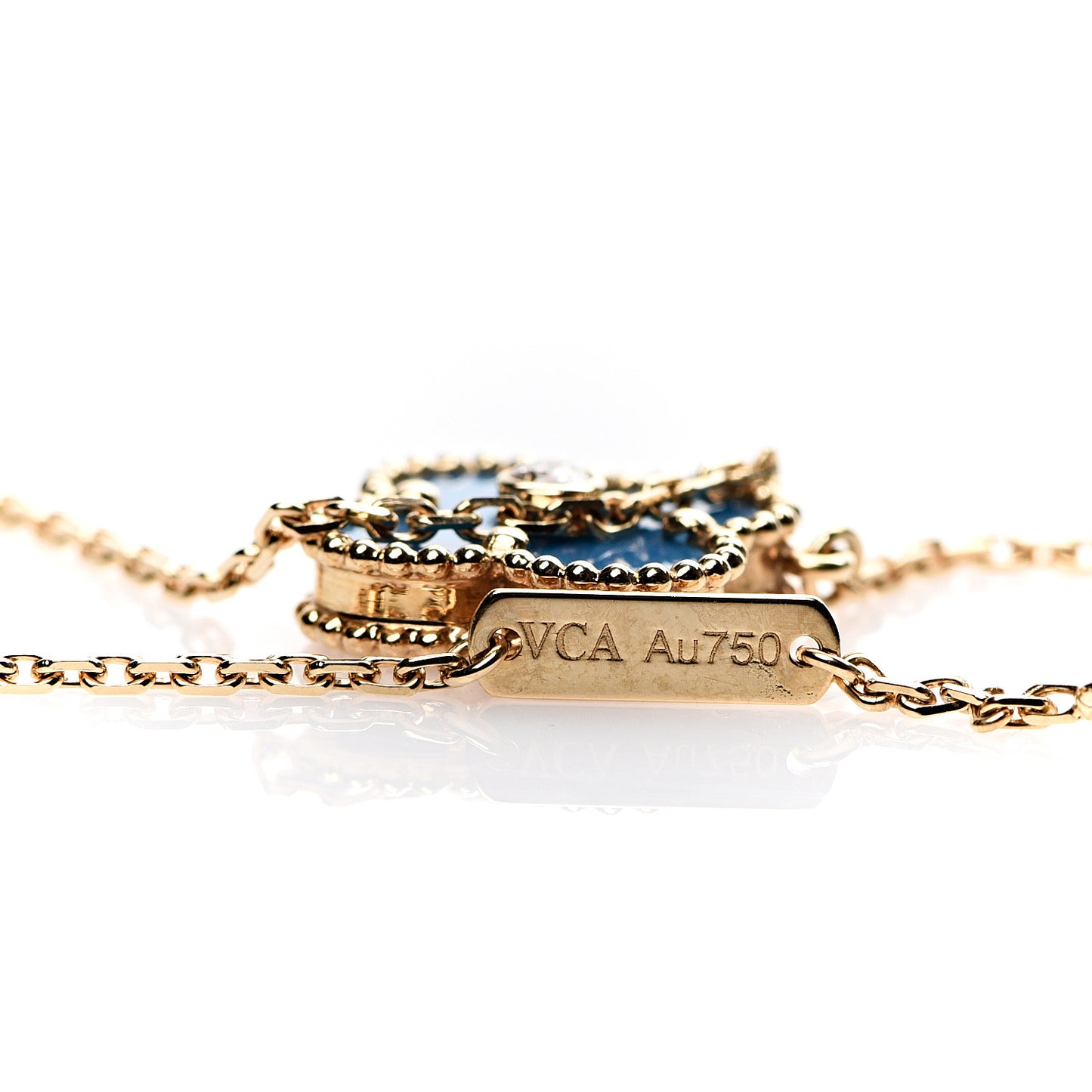 18K Yellow Gold Diamond Celestial Blue Sevres Porcelain Vintage Alhambra Pendant Necklace