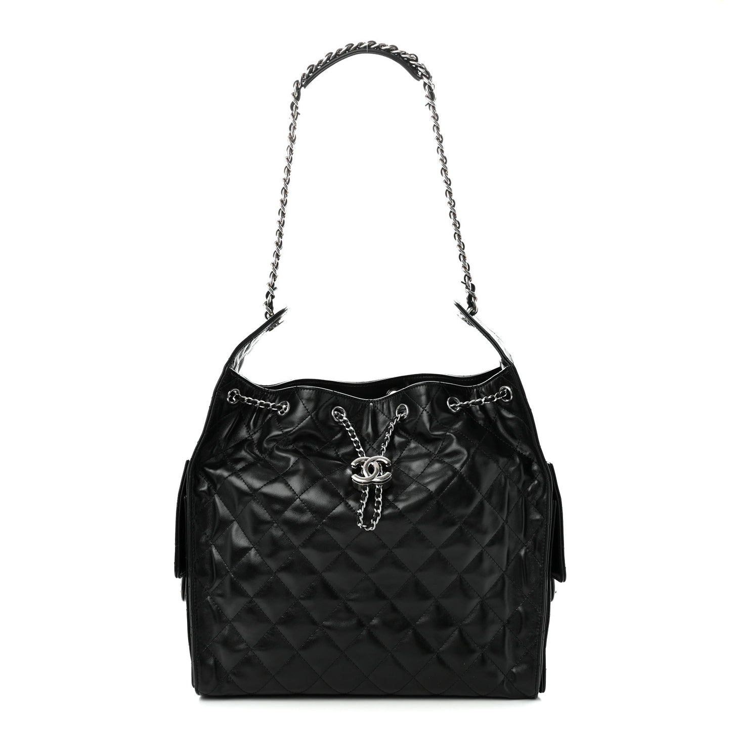 Shiny Crumpled Calfskin Quilted Medium Chanel 25 Handbag Black