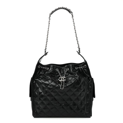 Chanel Shiny Crumpled Calfskin Quilted Medium Chanel 25 Handbag Black 1 of 11