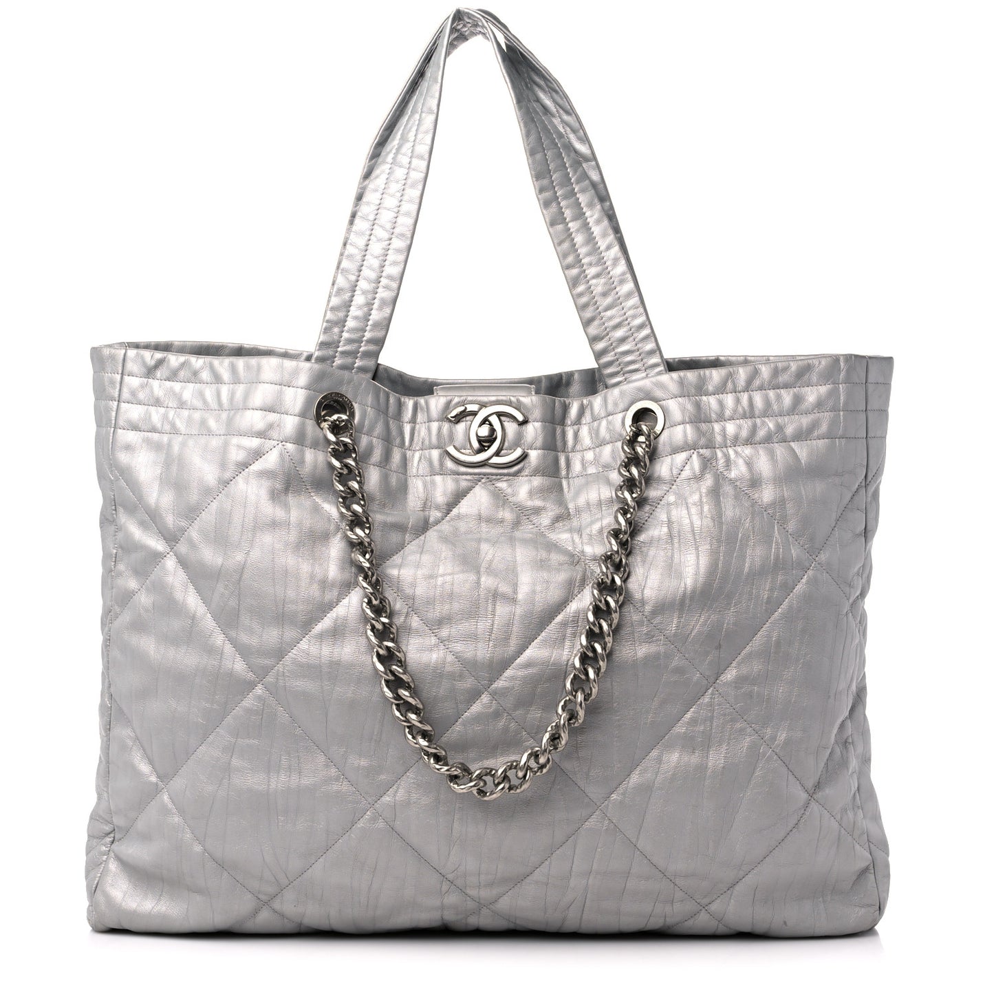 Iridescent Calfskin Quilted Ground Control Tote Silver