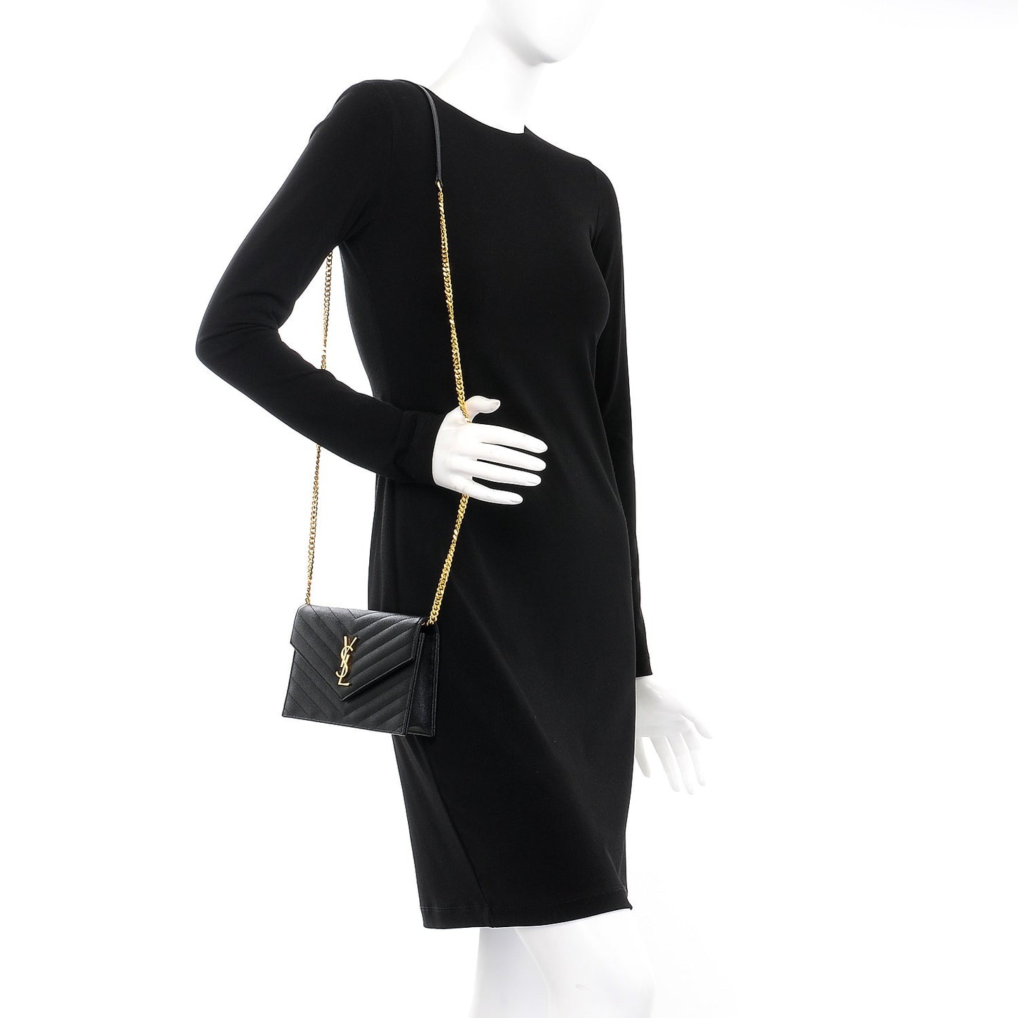 Grain De Poudre Matelasse Chevron Monogram Envelope Chain Wallet Black