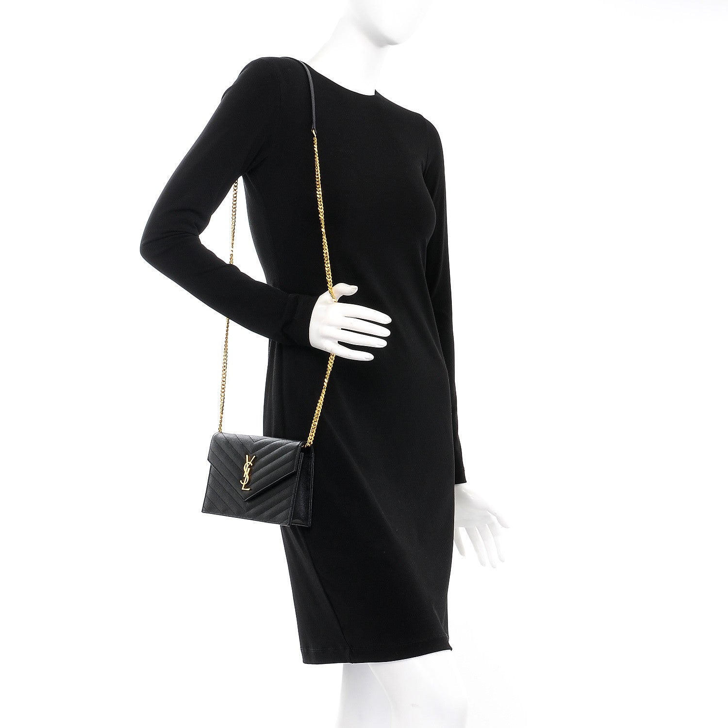 Saint Laurent Grain De Poudre Matelasse Chevron Monogram Envelope Chain Wallet Black 2 of 8