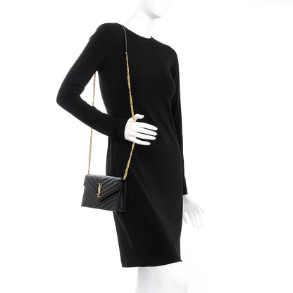 Saint Laurent Grain De Poudre Matelasse Chevron Monogram Envelope Chain Wallet Black 2 of 8