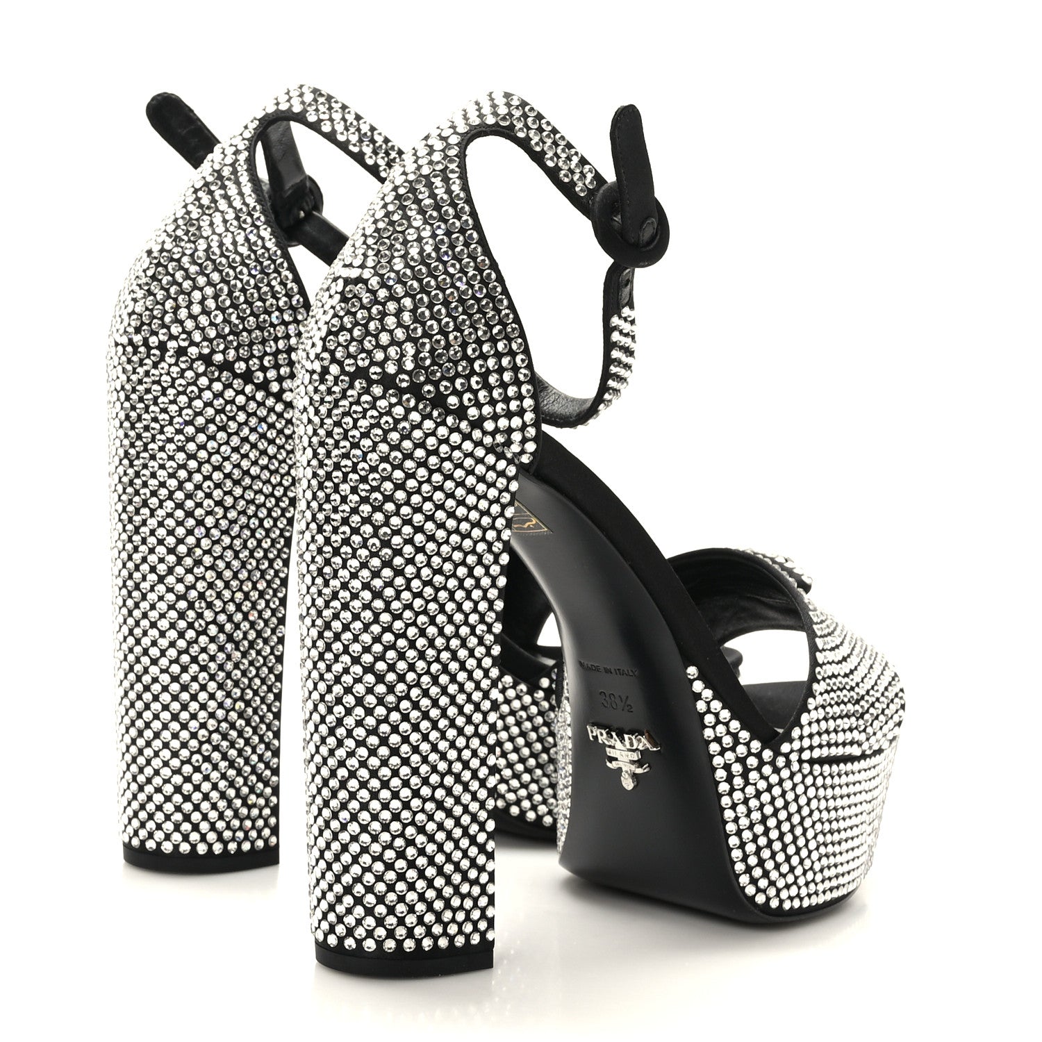 Prada Satin Crystal Triangle Logo 40/135mm Platform Sandals 38.5 Black 4 of 7