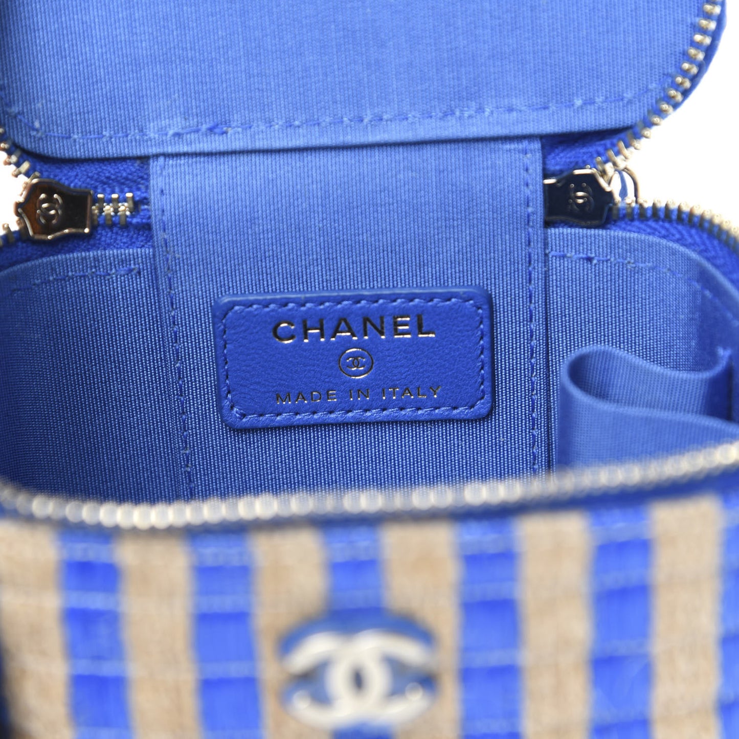 Raffia Jute Striped Mini Vanity Case With Chain Blue Beige