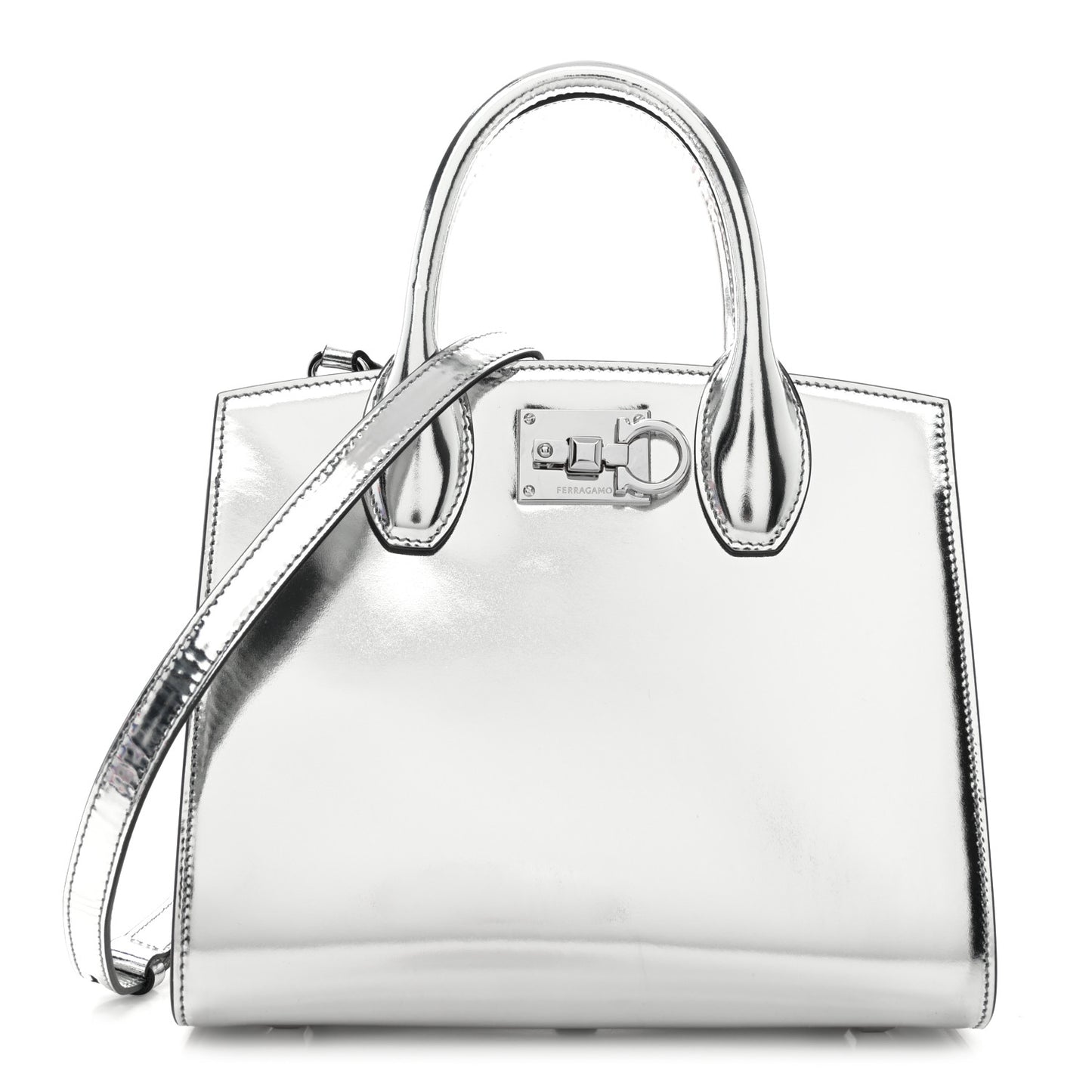 Metallic Calfskin Small The Studio Box Bag Argento
