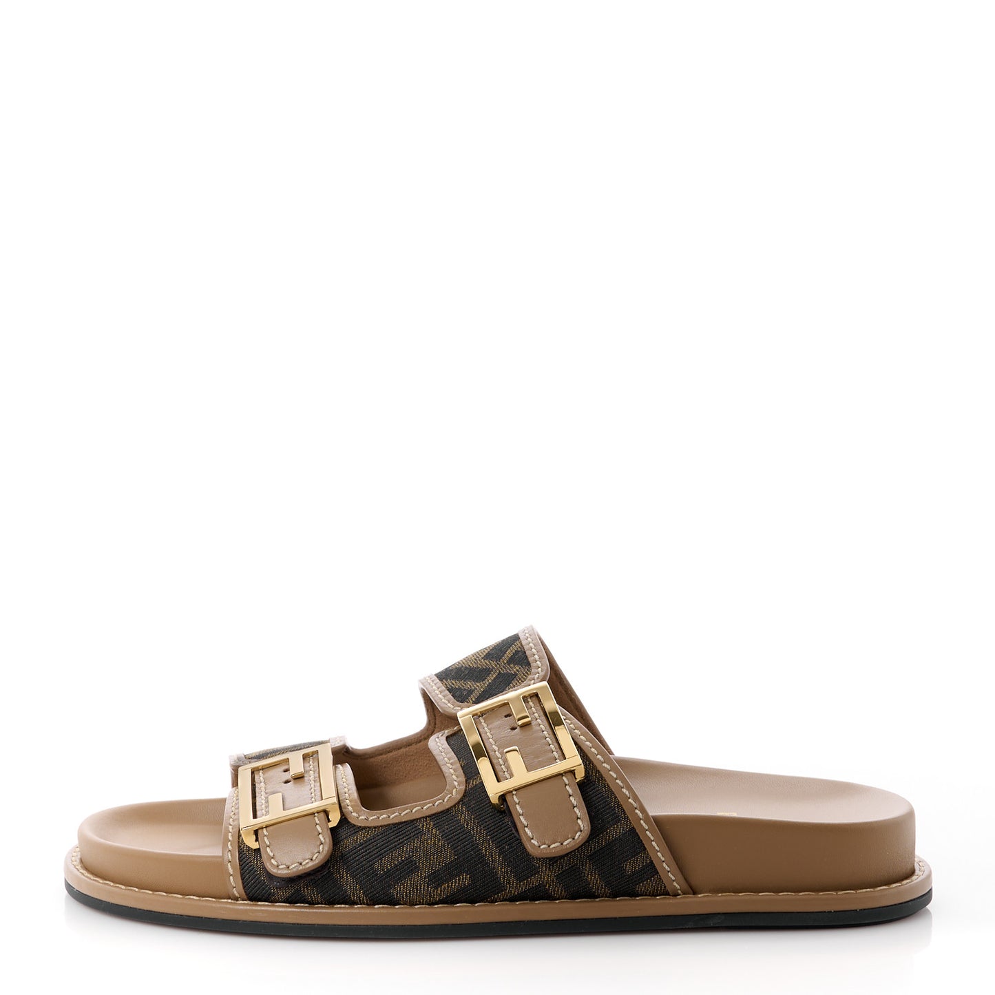 Fabric Jacquard Nappa FF Womens Fendi Feel Buckled Slide Sandals 35.5 Tobacco Black Miele Scuro 39