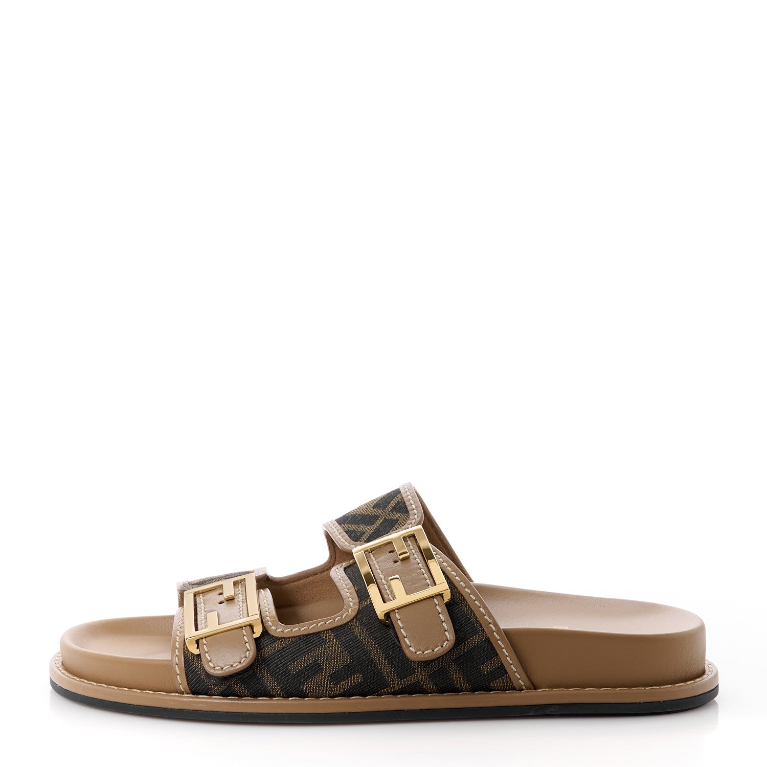Fendi Fabric Jacquard Nappa FF Womens Fendi Feel Buckled Slide Sandals 35.5 Tobacco Black Miele Scuro 39 1 of 10