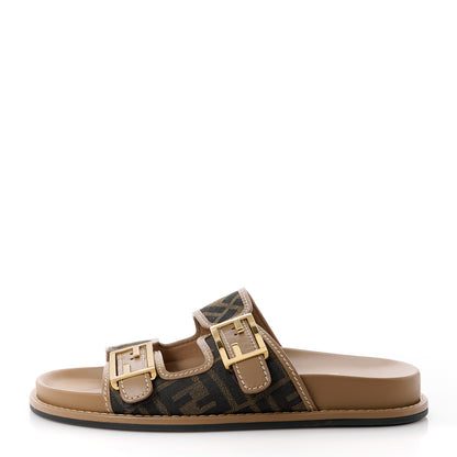 Fendi Fabric Jacquard Nappa FF Womens Fendi Feel Buckled Slide Sandals 35.5 Tobacco Black Miele Scuro 39 1 of 10