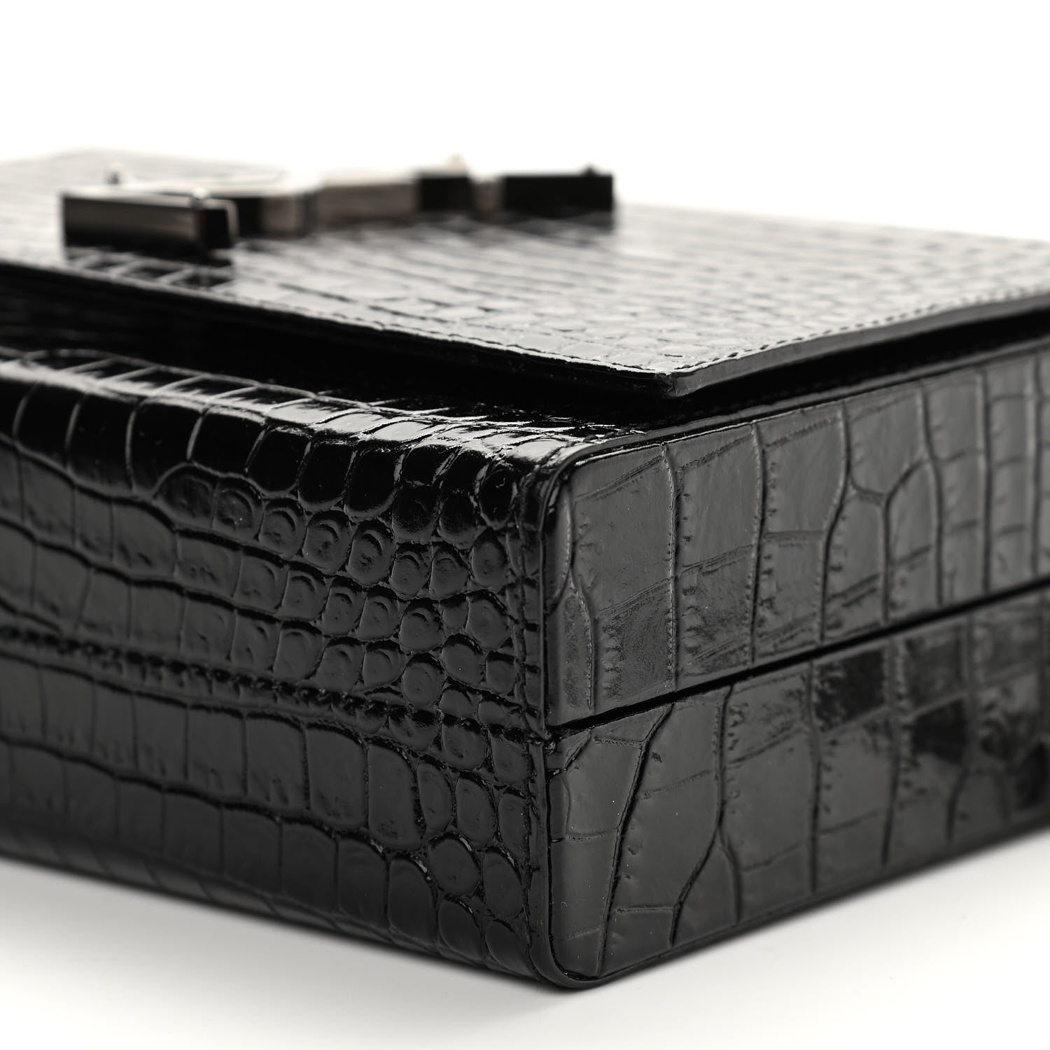 Saint Laurent Calfskin Crocodile Embossed Monogram Small Kate Slide Chain Crossbody Box Bag Black 10 of 10