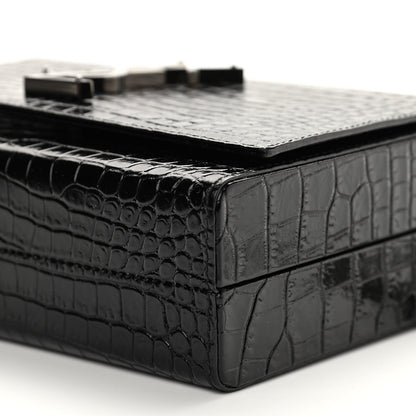 Saint Laurent Calfskin Crocodile Embossed Monogram Small Kate Slide Chain Crossbody Box Bag Black 10 of 10