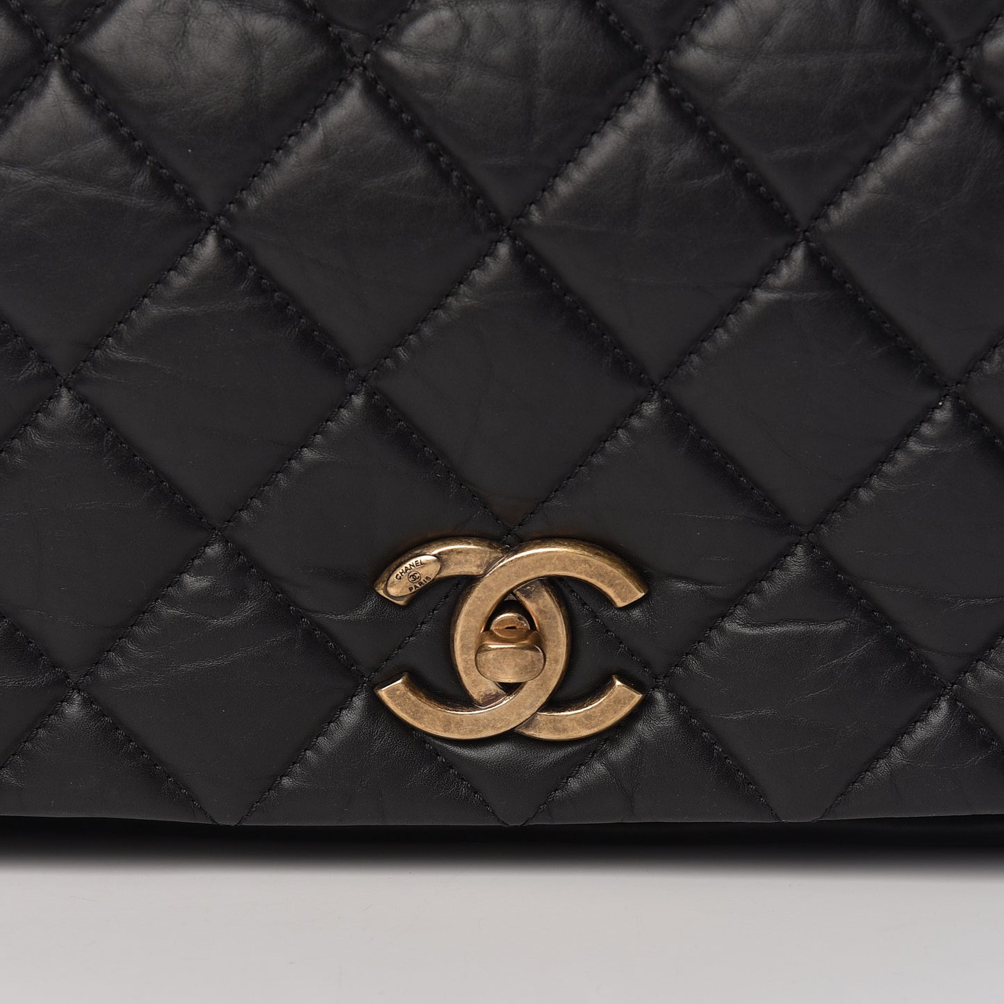 Aged Calfskin Quilted Large Pondichery Flap Black