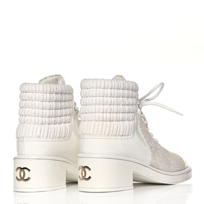 Chanel Tweed Patent Calfskin Velvet Lace Up Boots 39 White 4 of 8