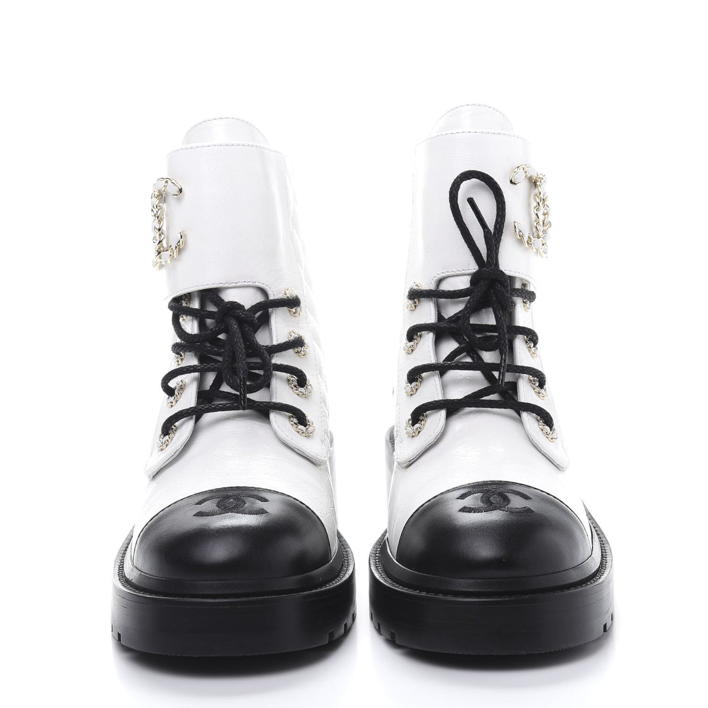 Shiny Goatskin Calfskin Quilted Lace Up Combat Boots 38.5 White Black