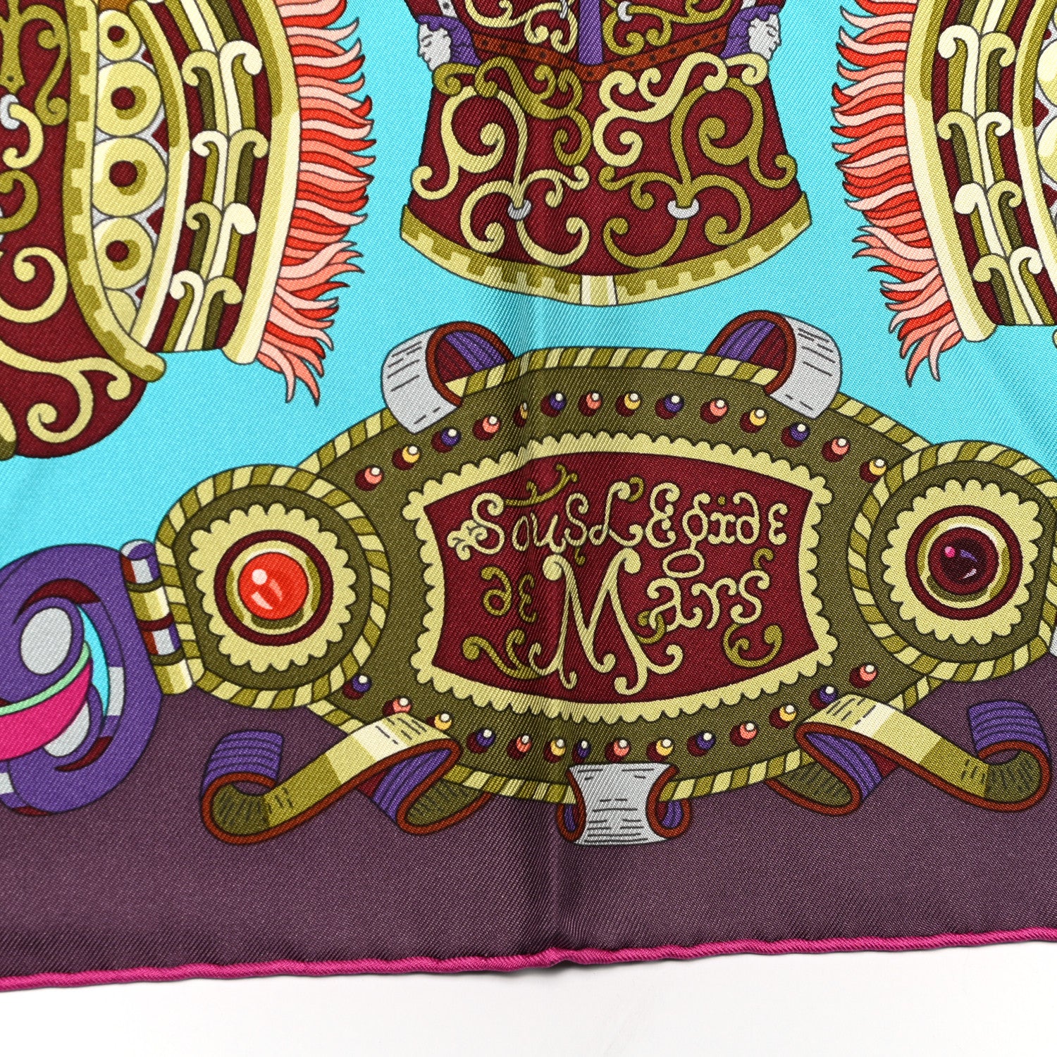 Hermes Silk Sous L Egide De Mars Scarf 90 Turquoise Prune Corail 5 of 5