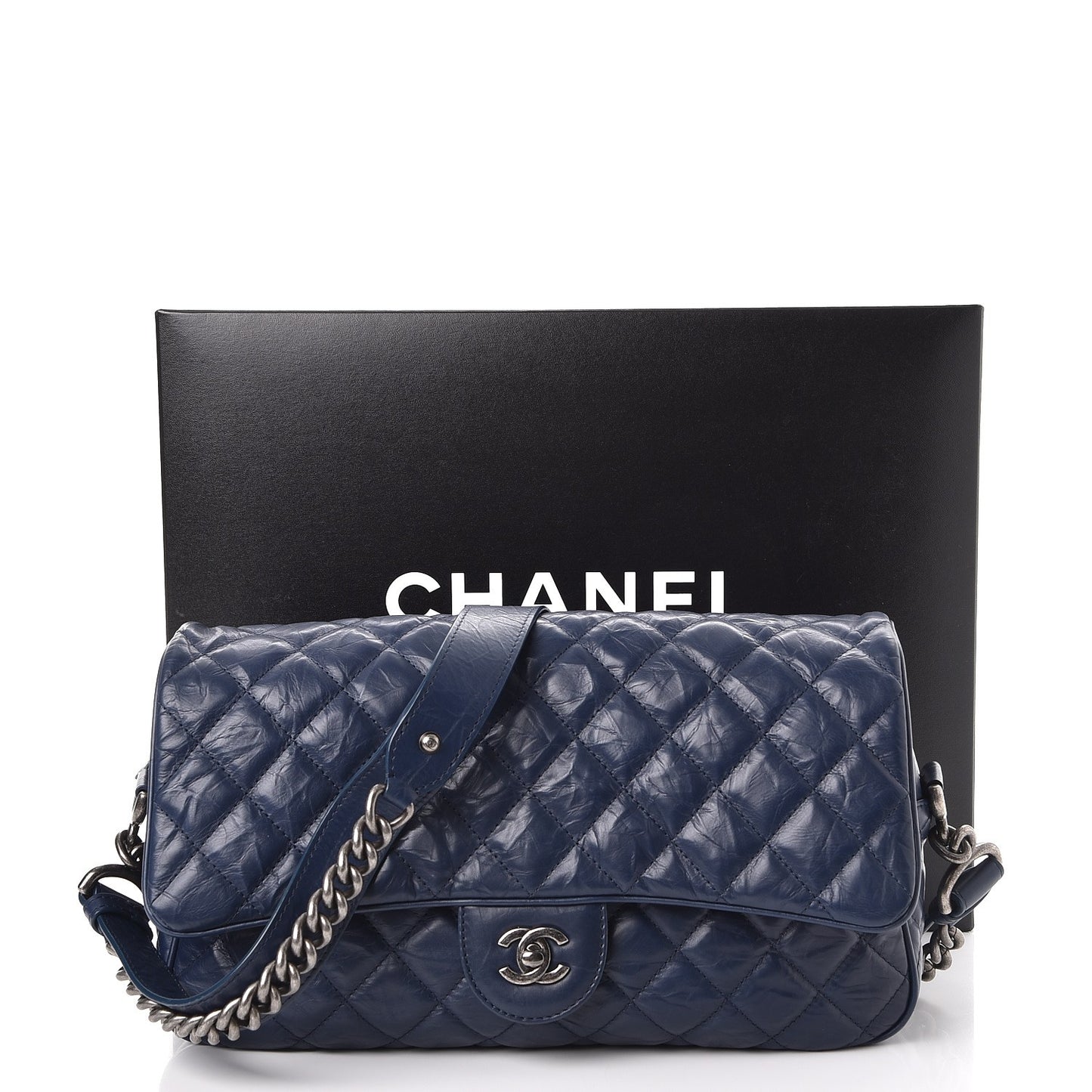 Crumpled Calfskin Quilted Medium Casual Rock Flap Navy