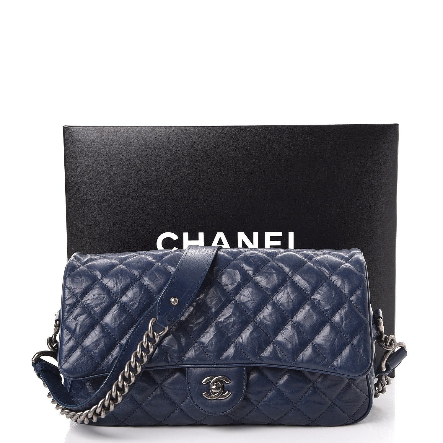 Chanel Crumpled Calfskin Quilted Medium Casual Rock Flap Navy 8 of 8