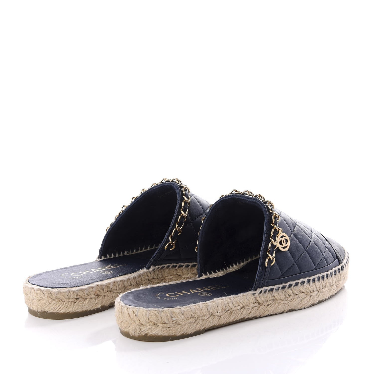 Chanel Lambskin Quilted CC Chain Espadrille Mules 38 Black Navy 4 of 10