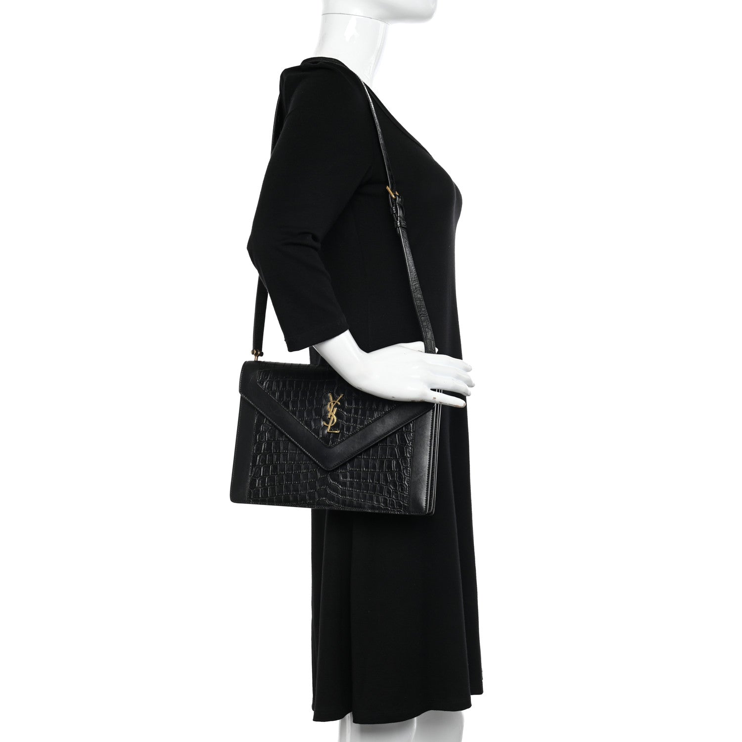 Saint Laurent Calfskin Crocodile Embossed Gaby Satchel Black 2 of 13