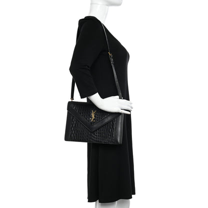 Saint Laurent Calfskin Crocodile Embossed Gaby Satchel Black 2 of 13