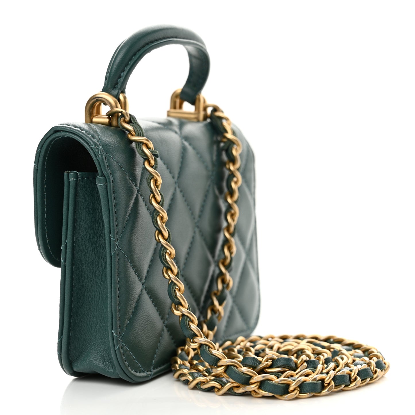 Lambskin Quilted Top Handle Flap Coin Purse With Chain Green