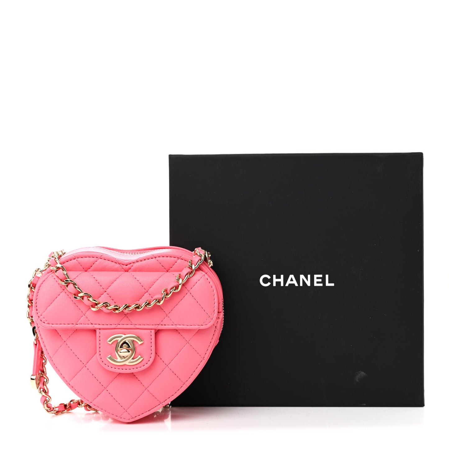 Lambskin Quilted CC In Love Heart Clutch With Chain Pink