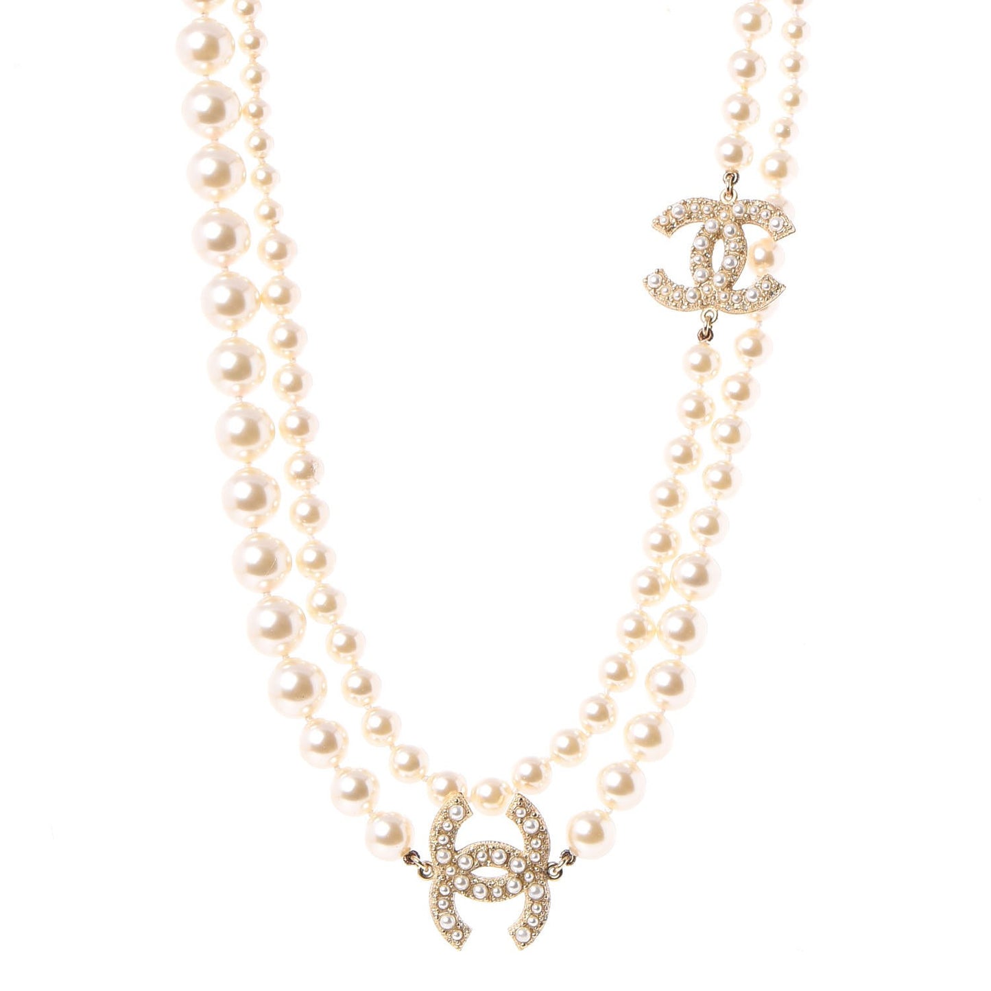 Graduated Pearl Studded CC Long Necklace Gold
