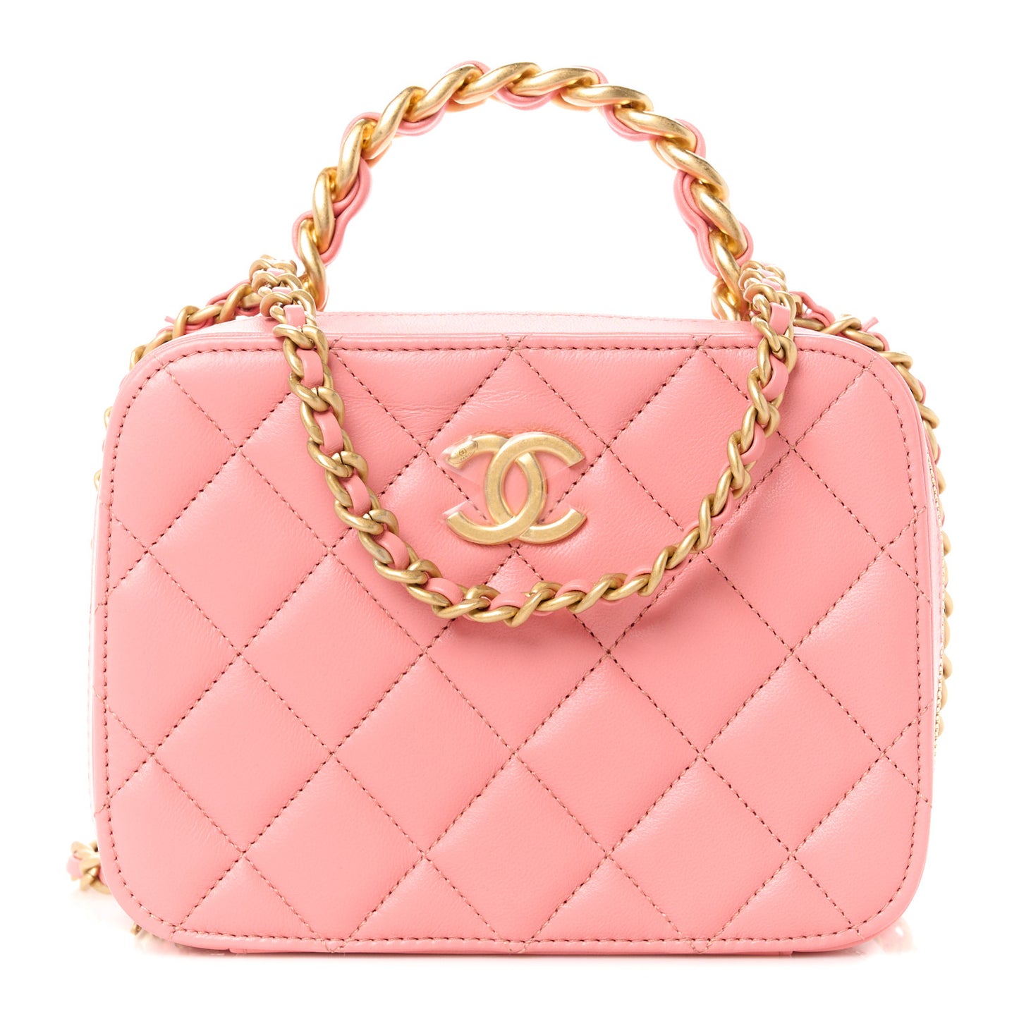 Lambskin Quilted Top Handle Small Vanity Case Pink