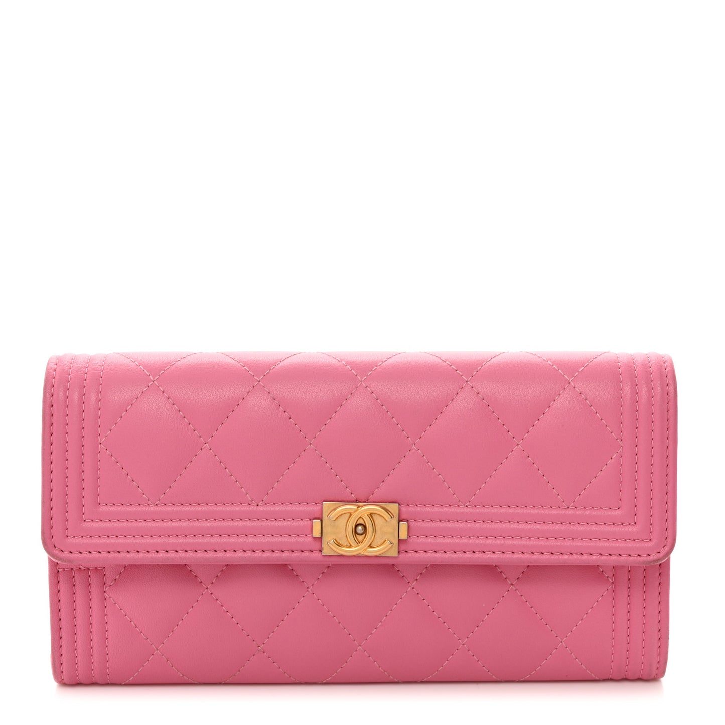 Lambskin Quilted Large Boy Gusset Flap Wallet Pink