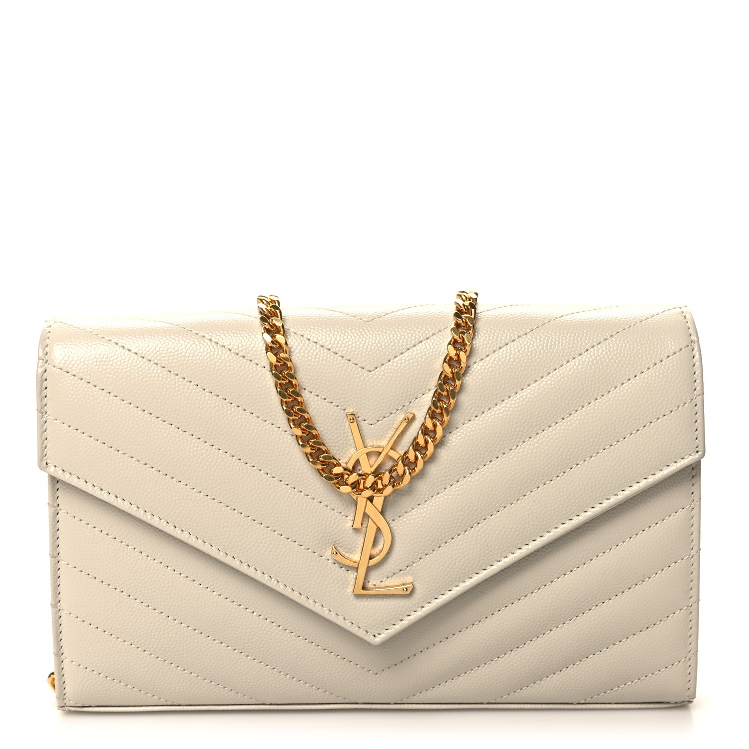 Saint Laurent Grain De Poudre Matelasse Chevron Monogram Chain Wallet Crema Soft 1 of 11