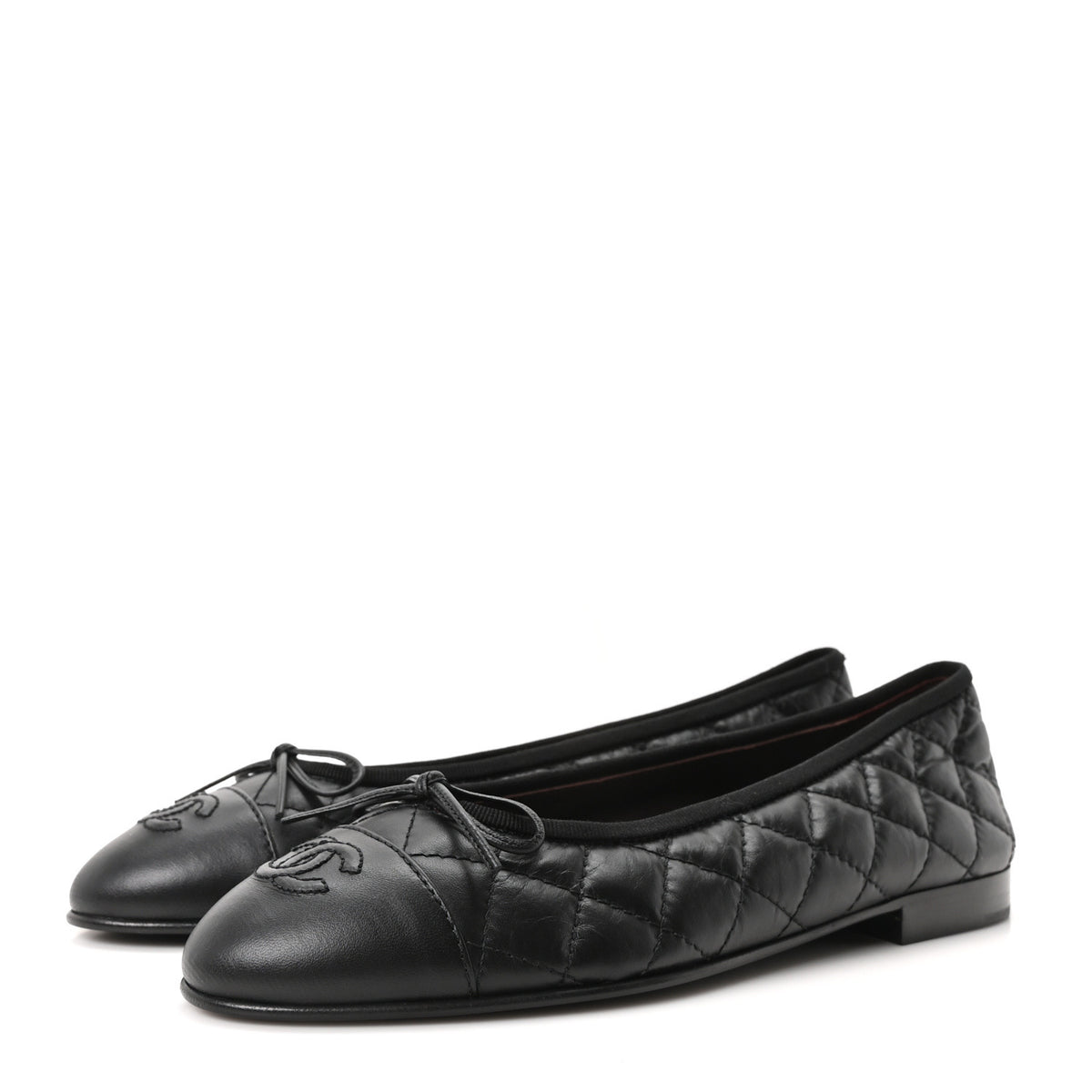 Aged Calfskin Quilted CC Cap Toe Ballerina Flats 37.5 Black