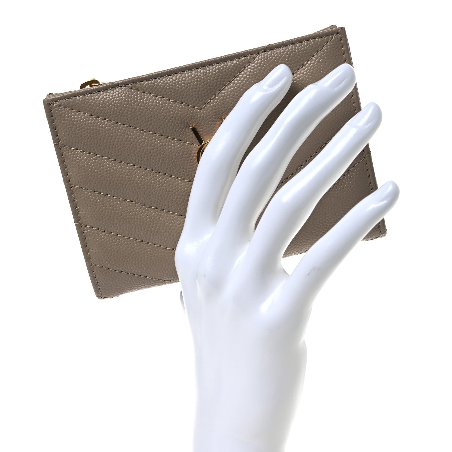 Saint Laurent Grain De Poudre Matelasse Chevron Cassandre Fragments Zipperred Bi-Fold Wallet Dark Beige 2 of 11