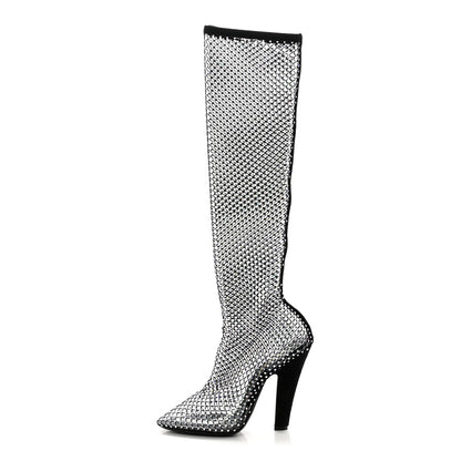 Saint Laurent Mesh Crystal 68 Knee High Boots 38.5 Pink Black 1 of 10