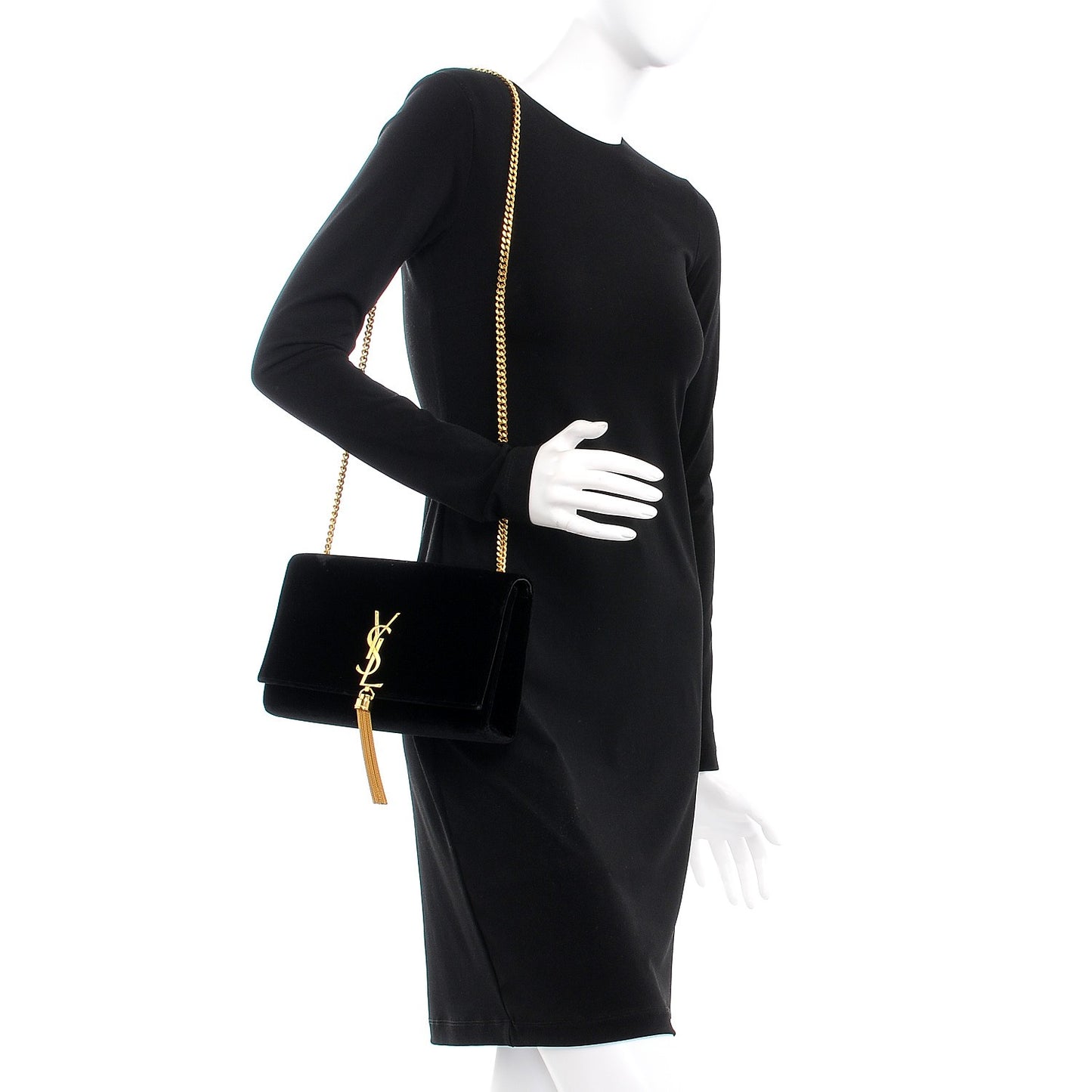 Velvet Medium Monogram Kate Tassel Shoulder Bag Black