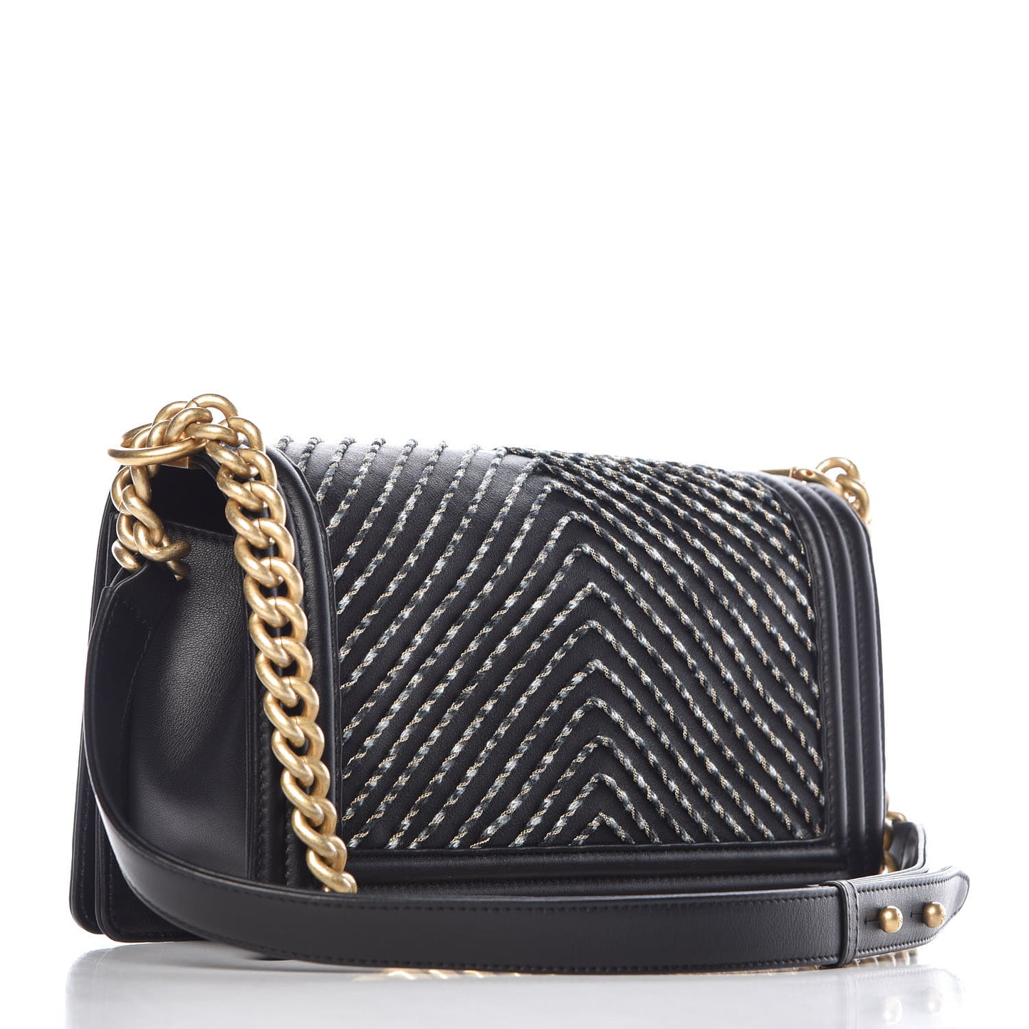 Calfskin Chevron Embroidered Medium Boy By The Sea Flap Black