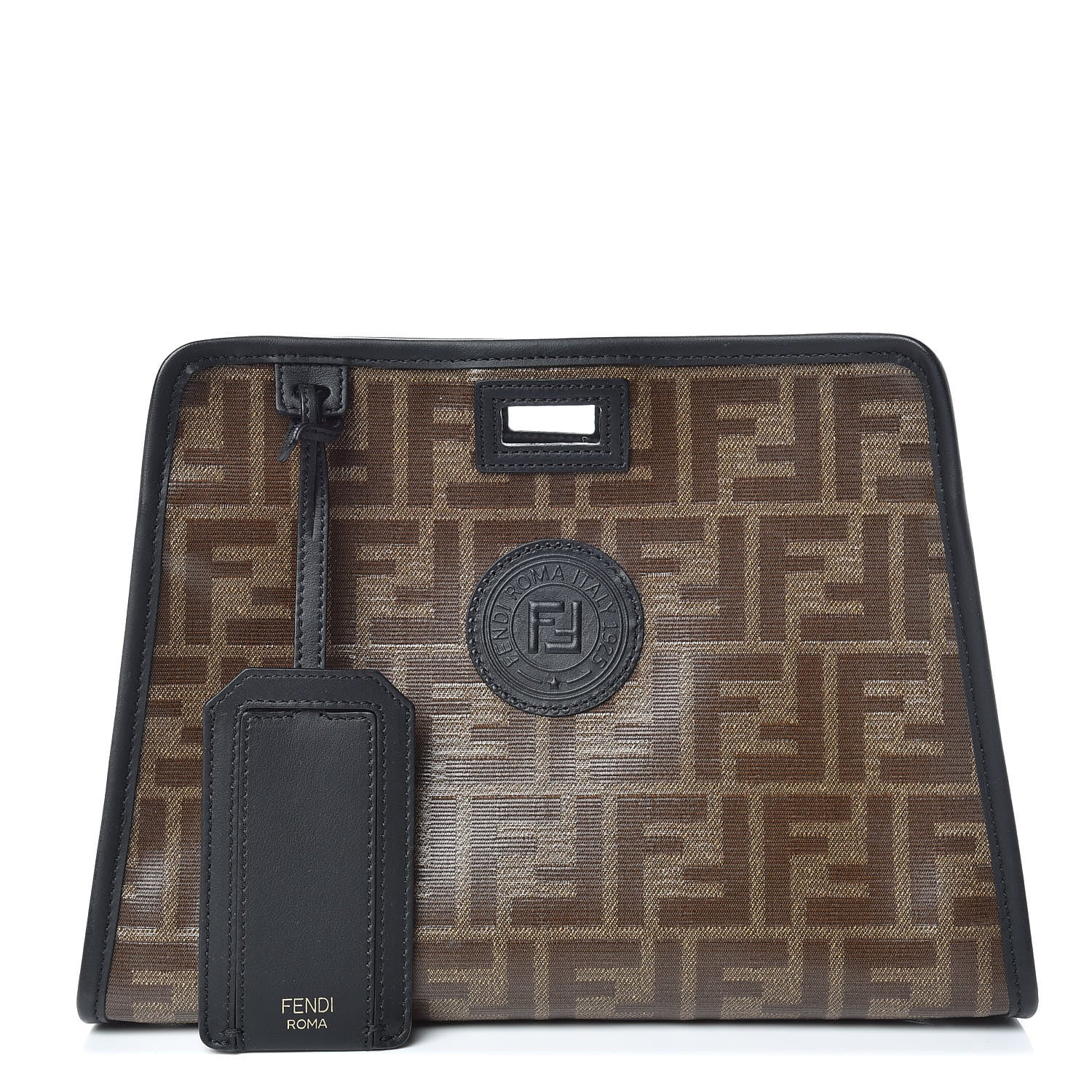 Fendi Glazed Fabric Vitello Century FF 1974 Stamp Patch Mini Peekaboo Defender Cover Mogano Panna Black 1 of 8