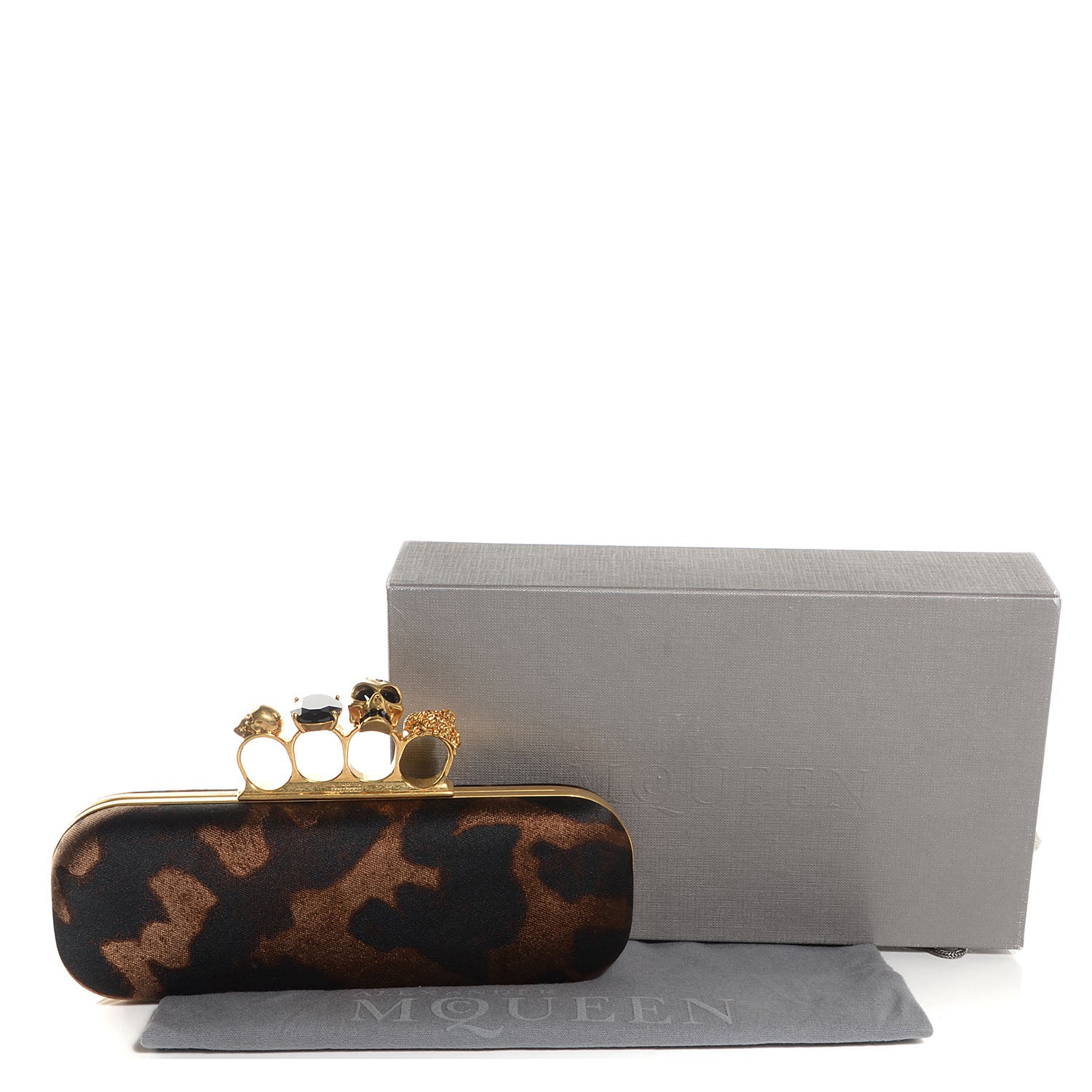 Alexander McQueen Silk Ocelot Print Skull Knuckle Box Clutch 6 of 9
