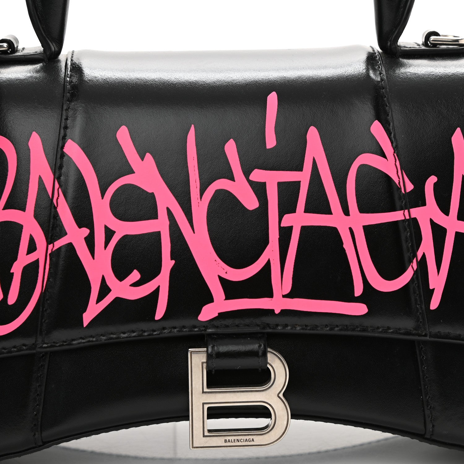 Balenciaga Shiny Box Calfskin Graffiti Logo Small Hourglass Top Handle Bag Black Pink 6 of 8